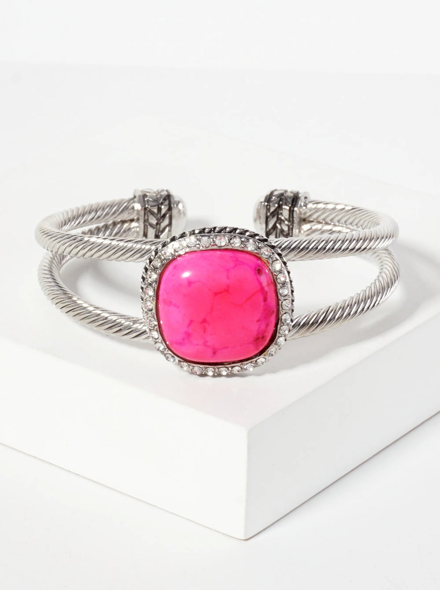 Crystal-Pave Square-Shaped 19mm Semi-Precious Natural-Stone Open Cuff Bracelet