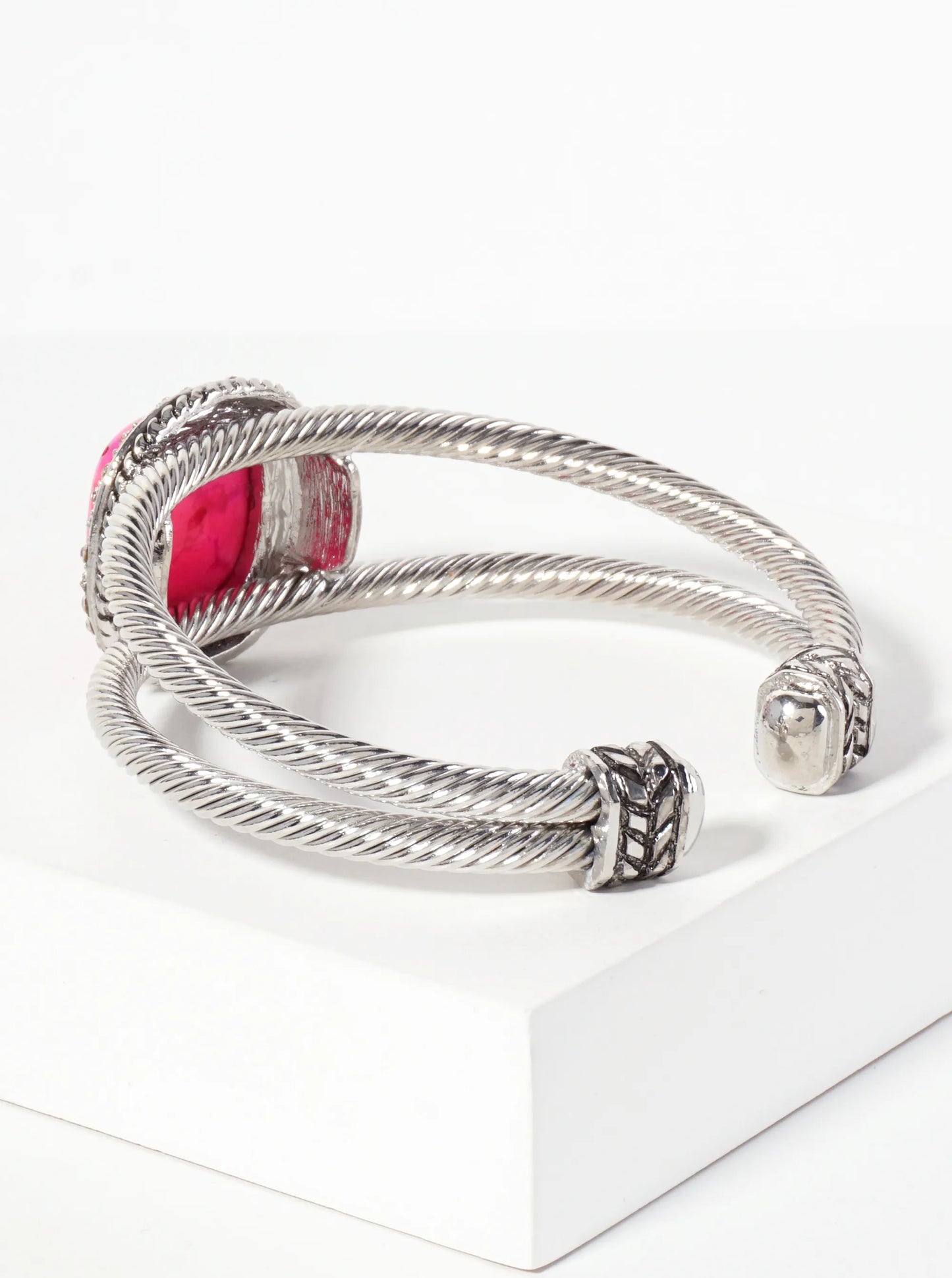 Crystal-Pave Square-Shaped 19mm Semi-Precious Natural-Stone Open Cuff Bracelet