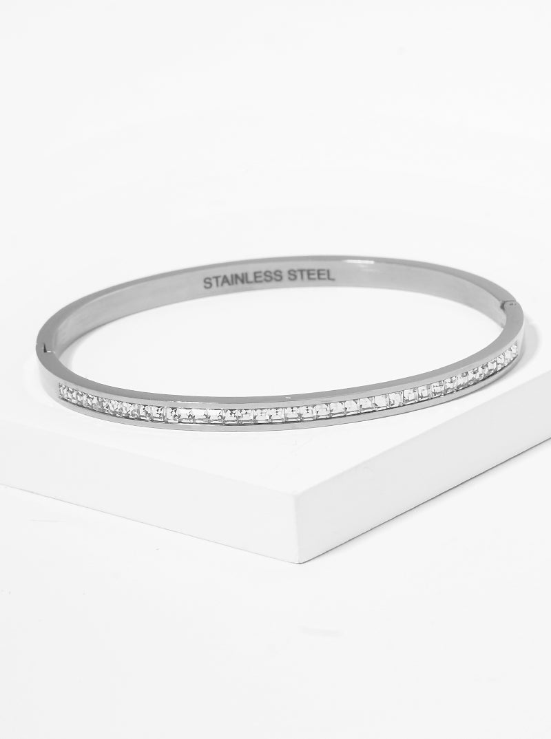 Crystal Pave Stainless Steel Hinged Bangle Bracelet