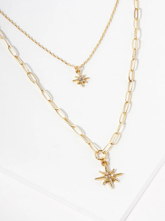Crystal Pave Sunburst Pendant Dual Layer Necklace
