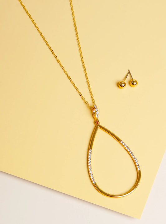 Crystal Pave Teardrop Pendant 32 Inch Long Necklace Set With Earrings