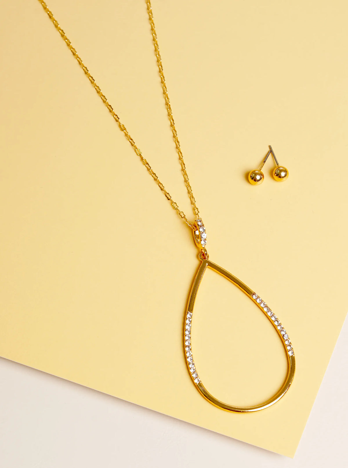 Crystal Pave Teardrop Pendant 32 Inch Long Necklace Set With Earrings