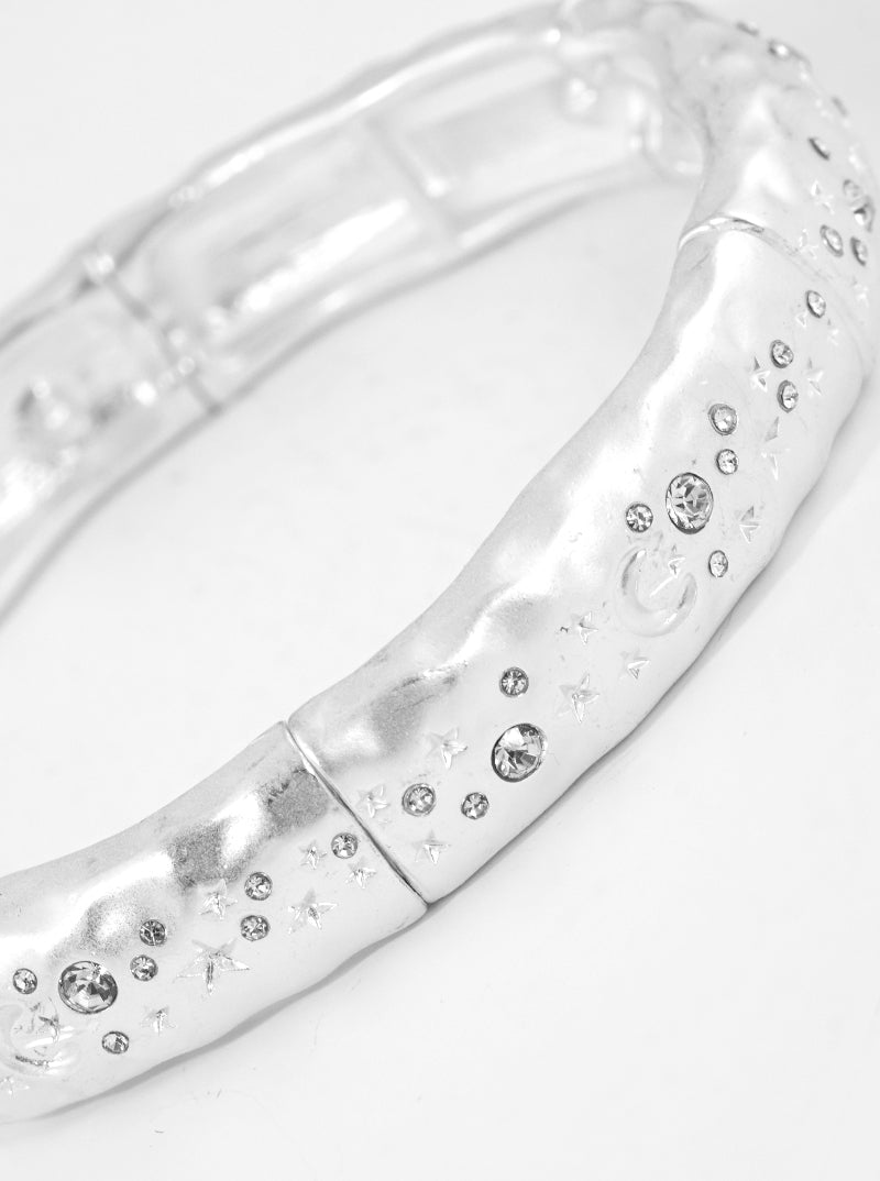 Crystal Pave Textured Metal Celestial Stretch Bangle Bracelet