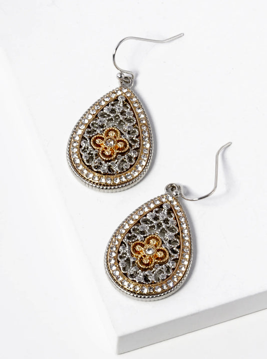 Crystal Pave Two-Tone Metal Filigree Teardrop Dangle Earrings