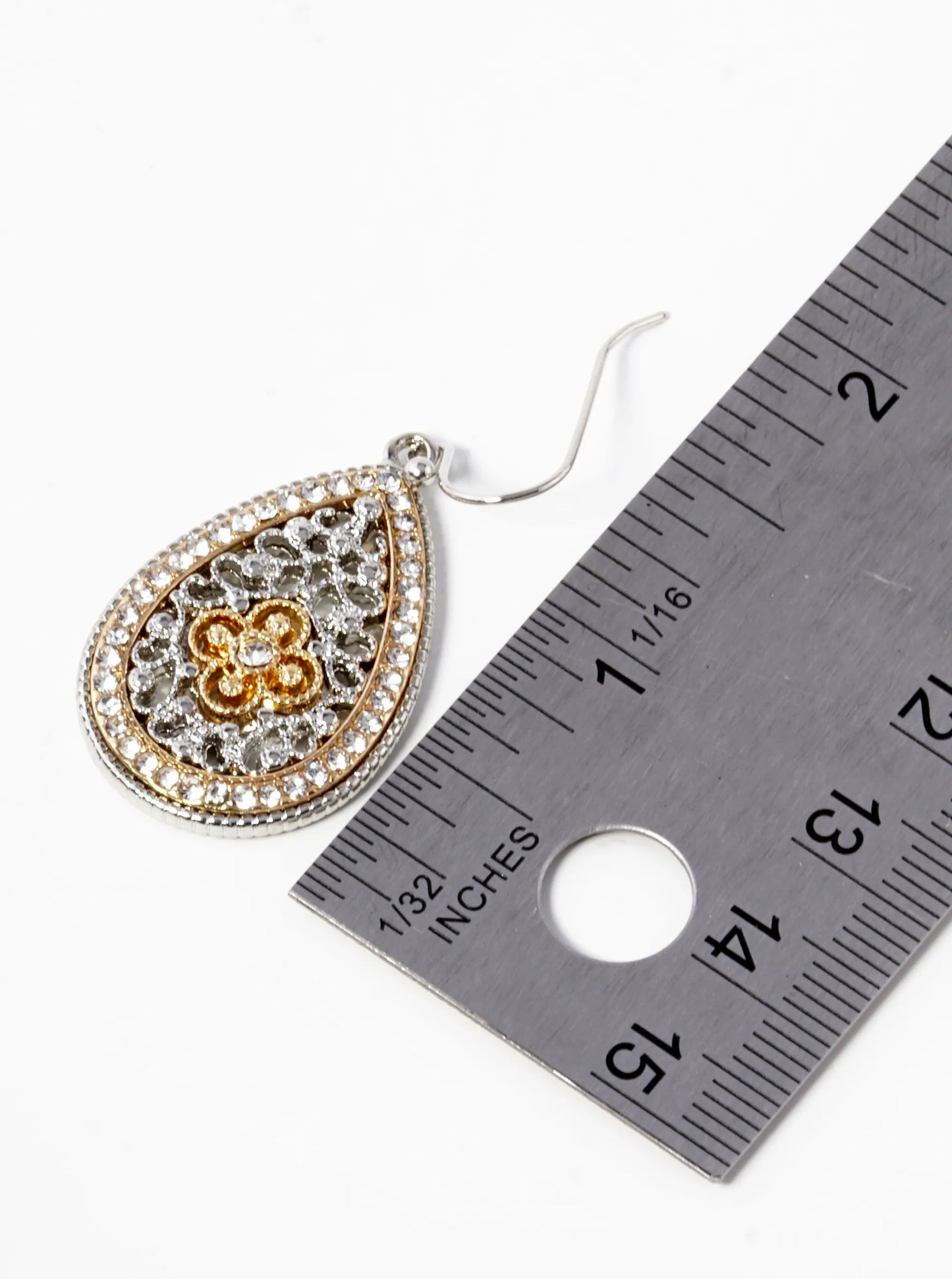Crystal Pave Two-Tone Metal Filigree Teardrop Dangle Earrings