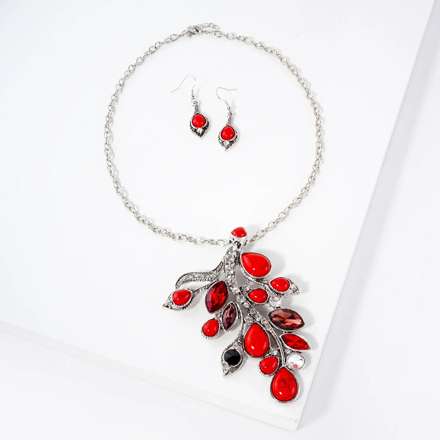 Crystal Semi-Precious Natural-Stone Pendant 18-Inch Statement Necklace Set-with-Earrings
