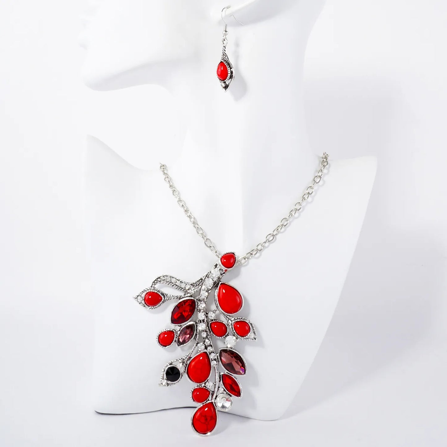 Crystal Semi-Precious Natural-Stone Pendant 18-Inch Statement Necklace Set-with-Earrings