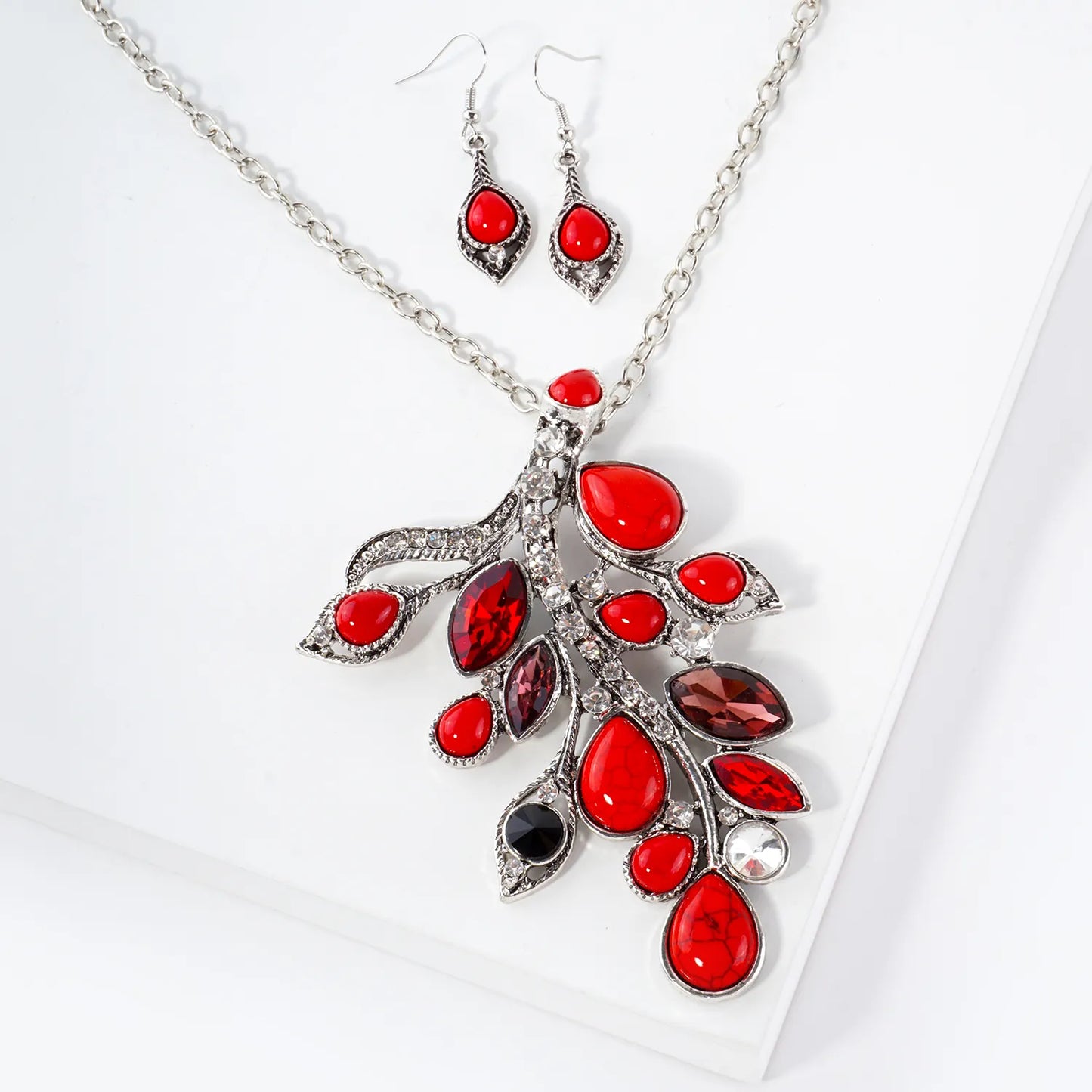 Crystal Semi-Precious Natural-Stone Pendant 18-Inch Statement Necklace Set-with-Earrings