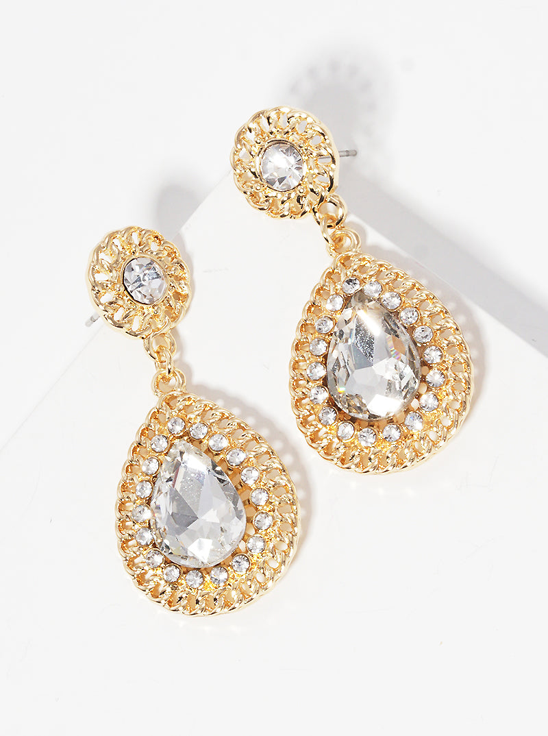 Crystal Stone Pave Teardrop Dangle Drop Earrings