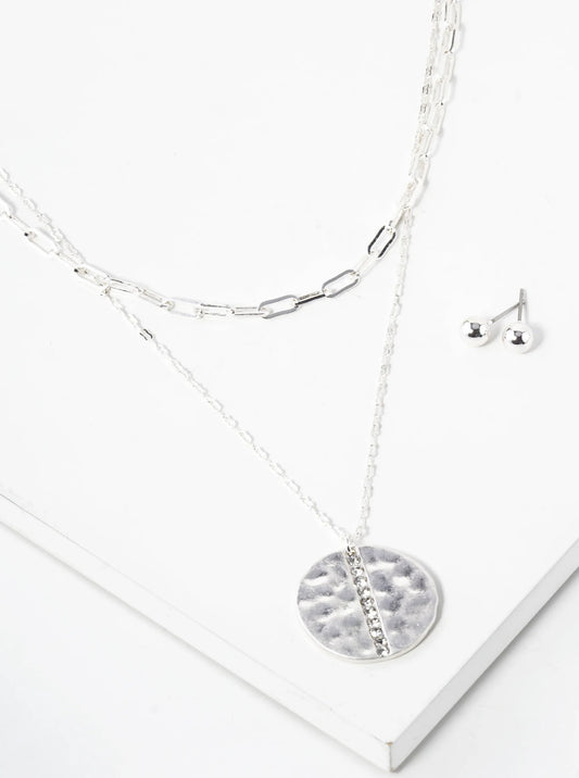Crystal Studded Hammered Metal Disc Pendant Layered Necklace Set With Earrings