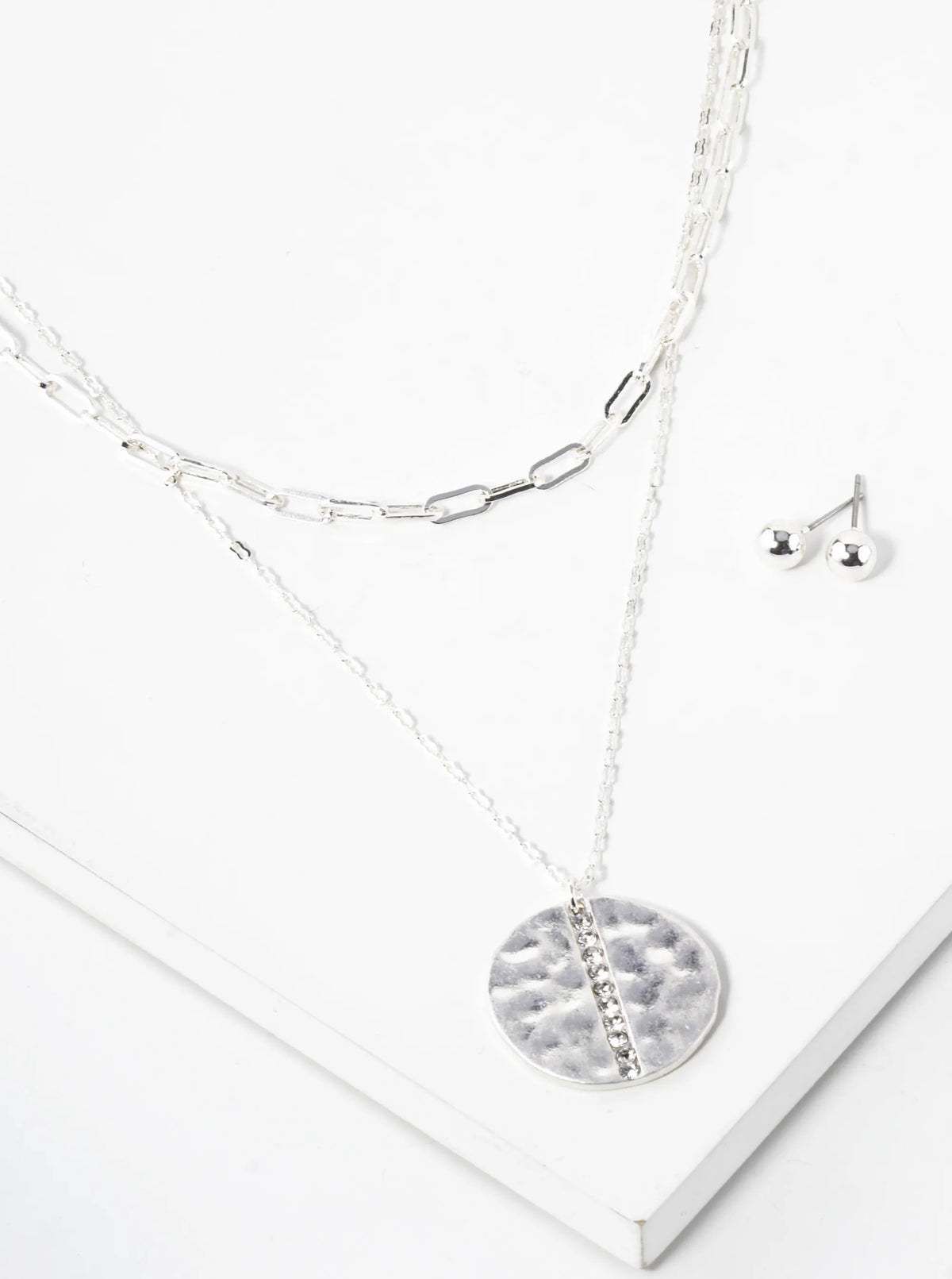Crystal Studded Hammered Metal Disc Pendant Layered Necklace Set With Earrings