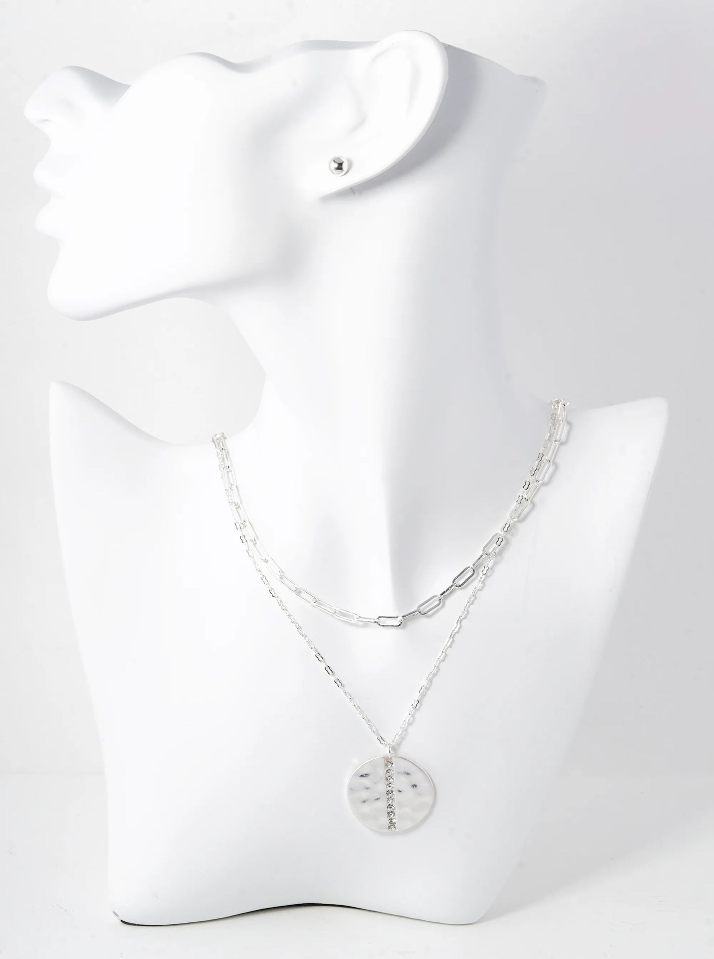 Crystal Studded Hammered Metal Disc Pendant Layered Necklace Set With Earrings