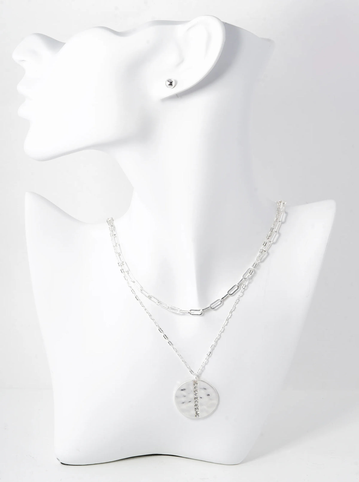 Crystal Studded Hammered Metal Disc Pendant Layered Necklace Set With Earrings