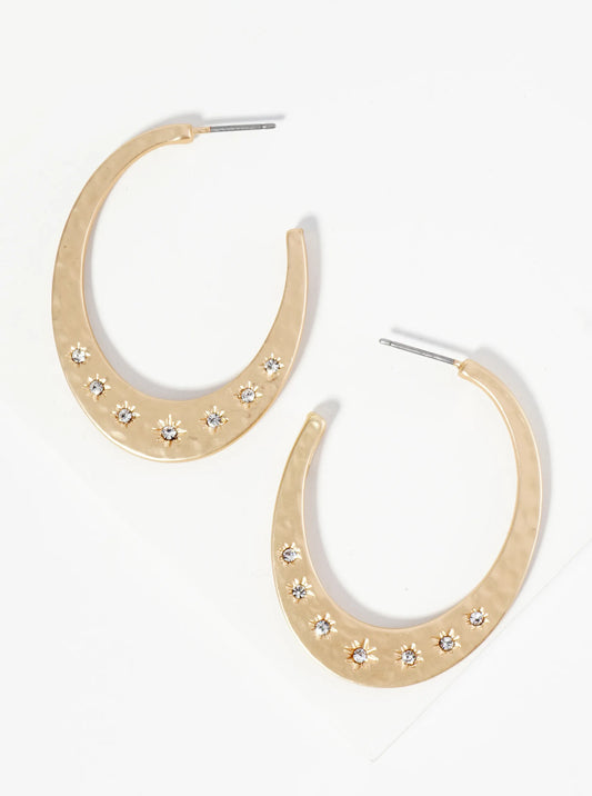Crystal Studded Hammered Metal Oval Shape Wide Hoop Earrings