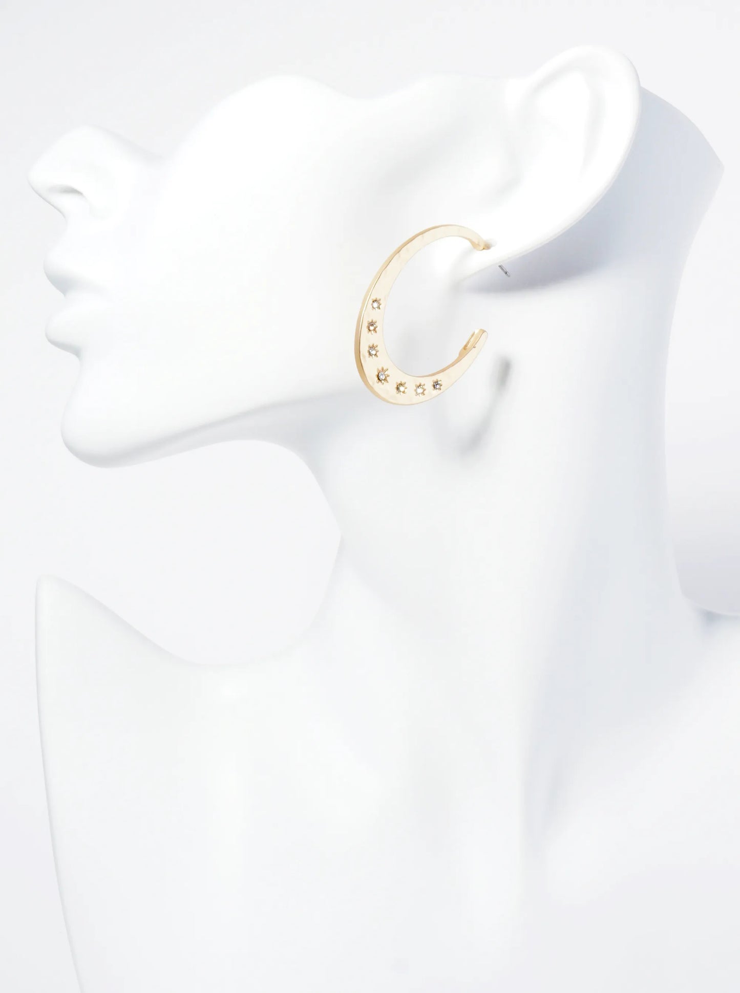 Crystal Studded Hammered Metal Oval Shape Wide Hoop Earrings