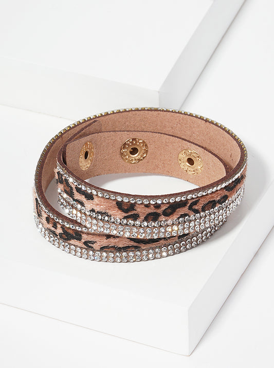 Crystal Studded Snake Skin Print Leatherette Wrap Around Bracelet