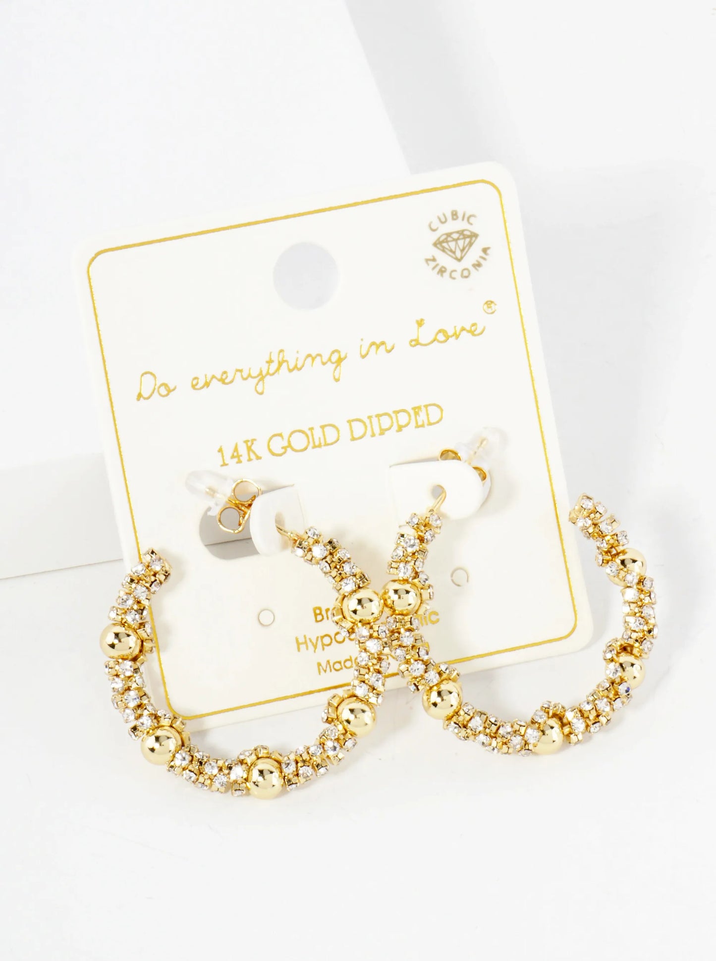 Crystal-Wrapped 14K-Gold-Dipped Open Hoop Earrings With Ball Accents