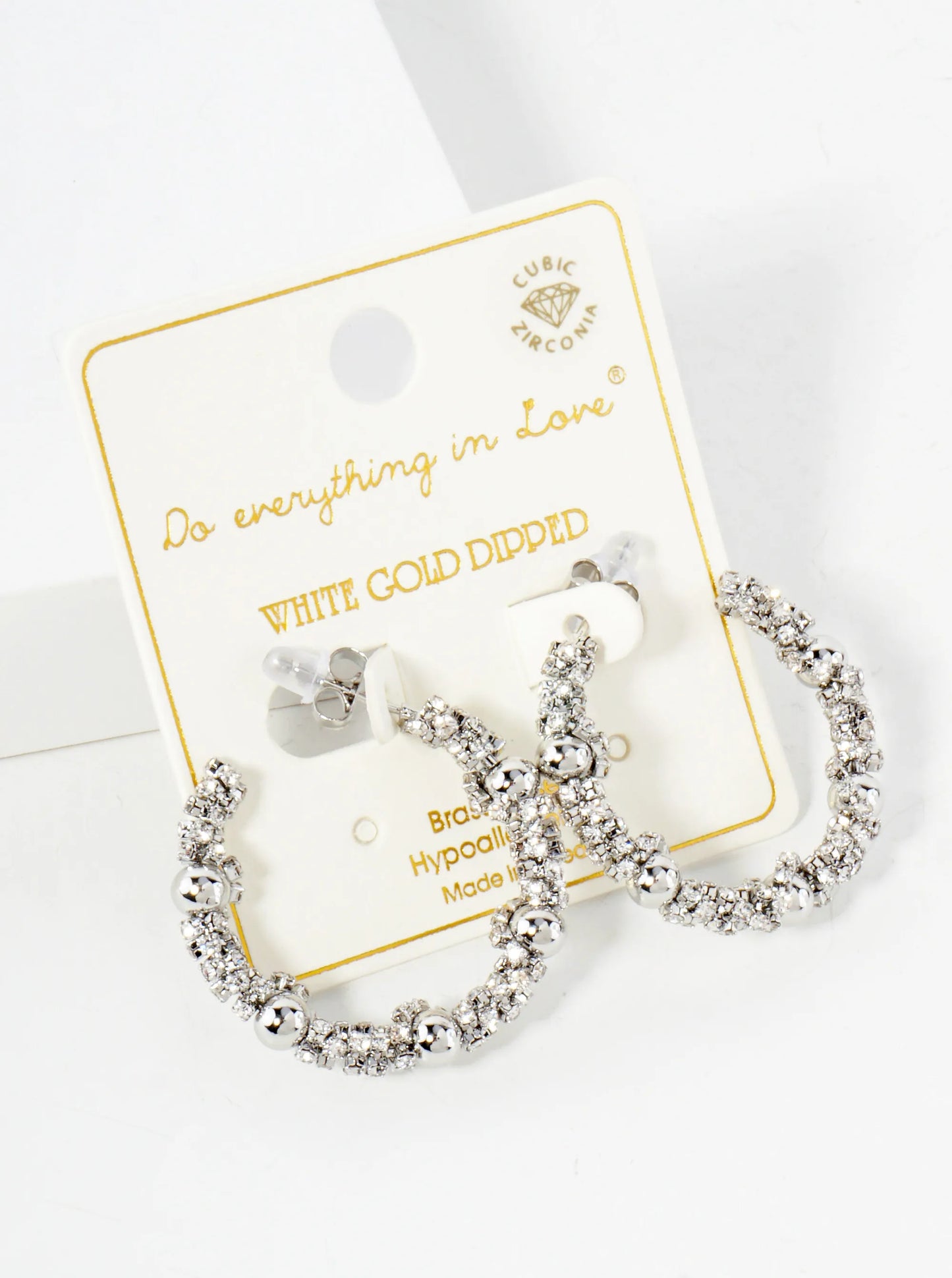 Crystal-Wrapped 14K-Gold-Dipped Open Hoop Earrings With Ball Accents