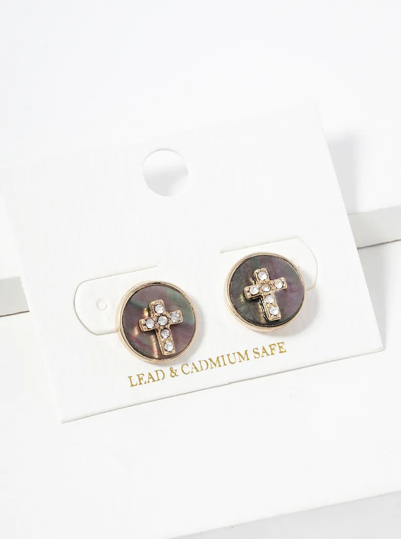 Crystal Cross On Round Abalone Button Post Earrings