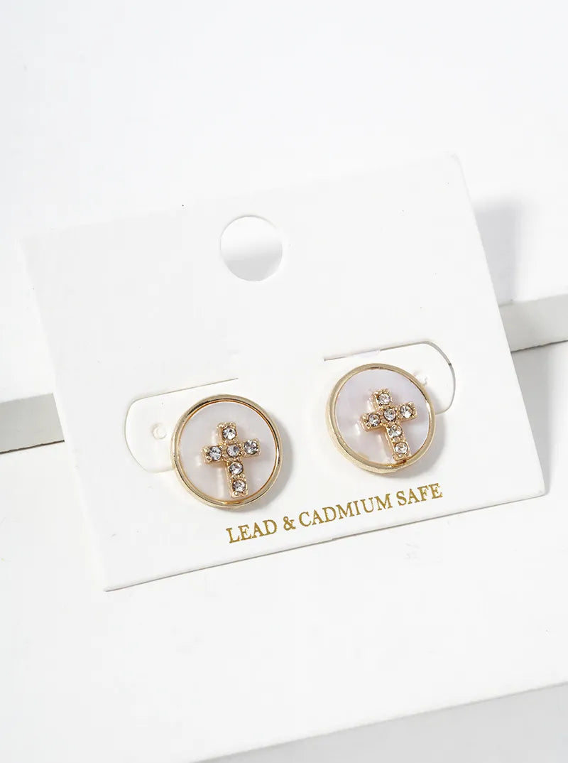 Crystal Cross On Round MOP Button Post Earrings