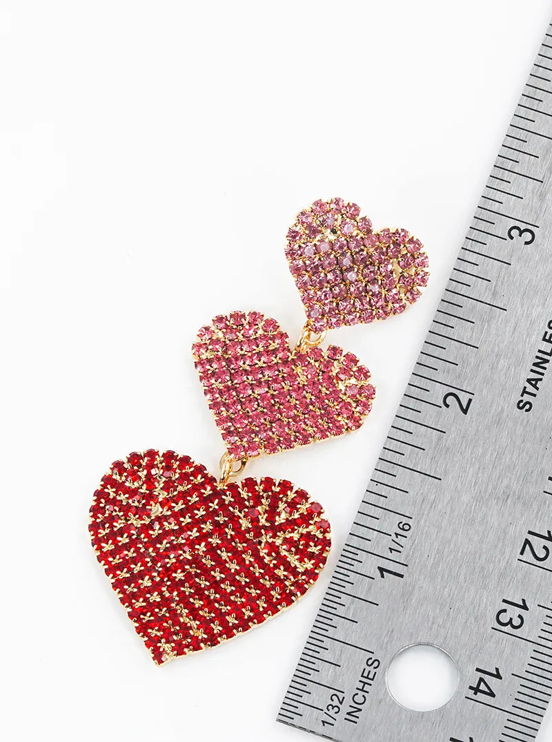 Crystal Pave 3 Tier Heart Drop Post Dangle Earrings