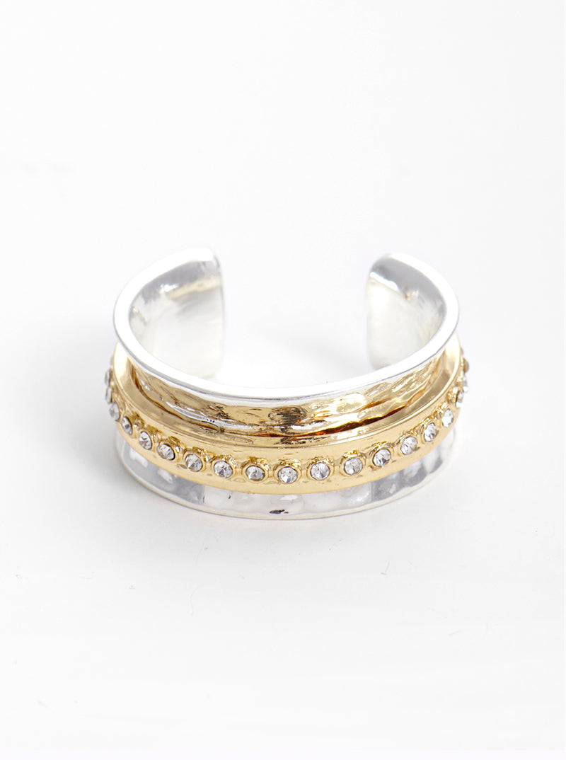 Crystal Pave Chunky Hammered Metal Adjustable Ring