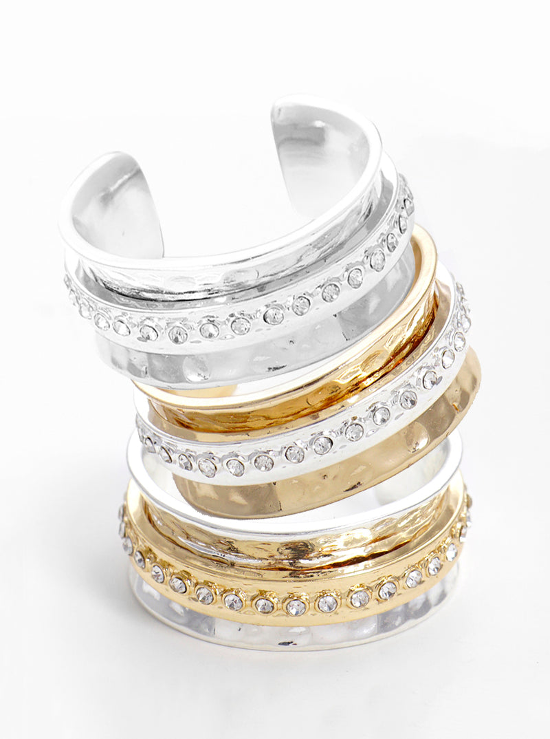 Crystal Pave Chunky Hammered Metal Adjustable Ring