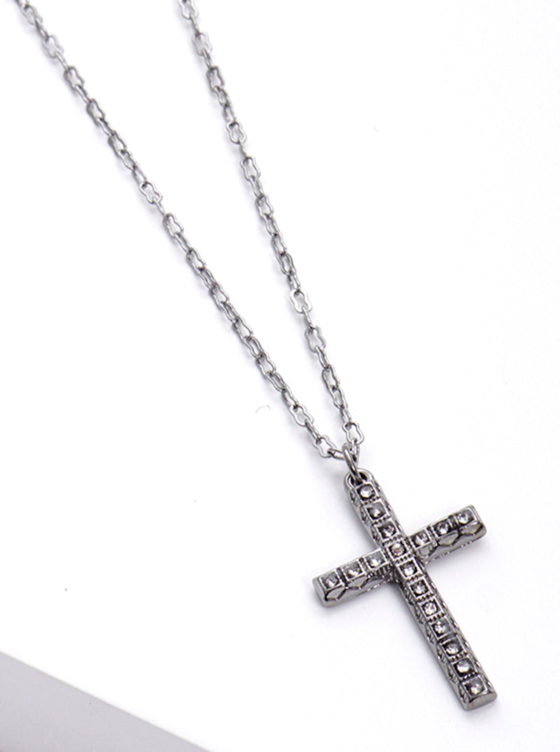 Crystal Pave Cross Pendant Gothic Necklace Hematite