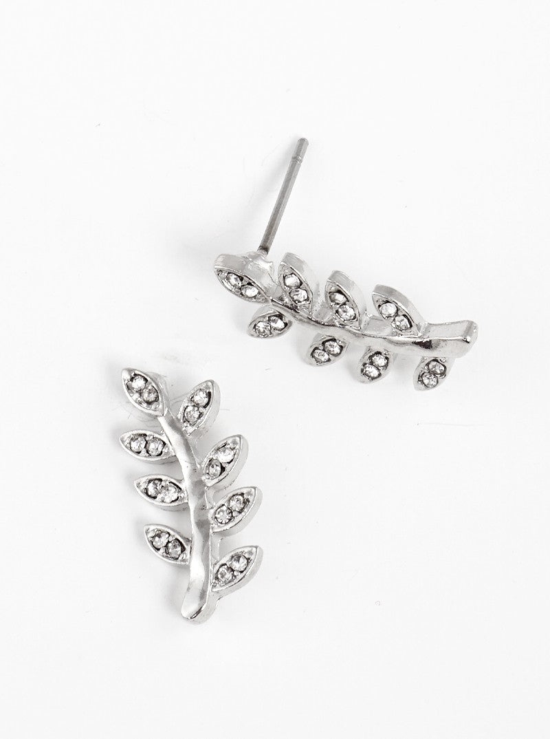 Crystal Pave Hammered Leaf Metal Post Stud Earrings