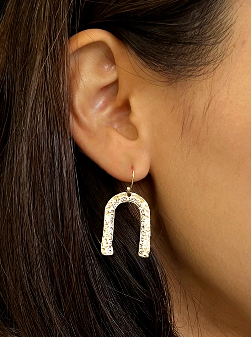 Crystal Pave Hammered Metal Arch Lightweight Fishhook Dangle Drop Earrings