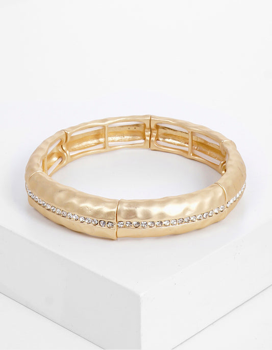 Crystal Pave Hammered Metal Stretch Bangle Bracelet Matte gold