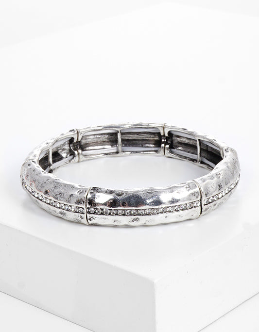 Crystal Pave Hammered Metal Stretch Bangle Bracelet