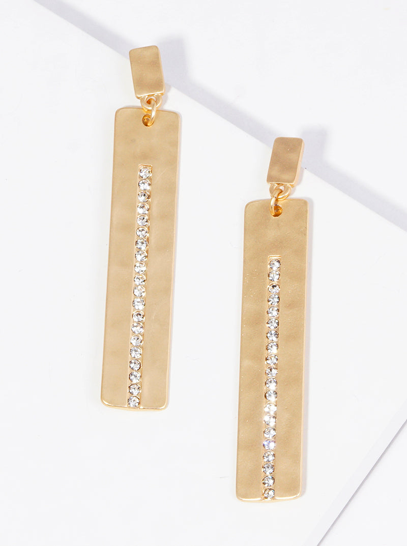 Crystal Pave Hammered Rectangle Bar Drop Dangle Earrings