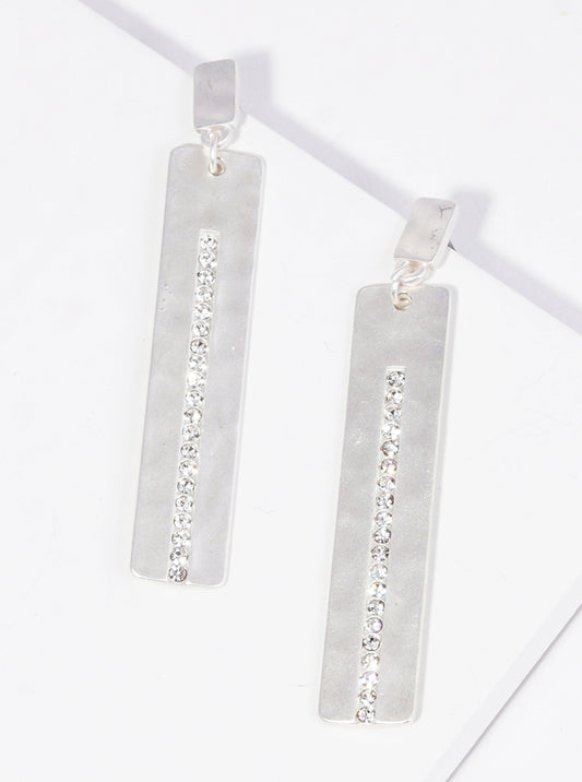 Crystal Pave Hammered Rectangle Bar Drop Dangle Earrings