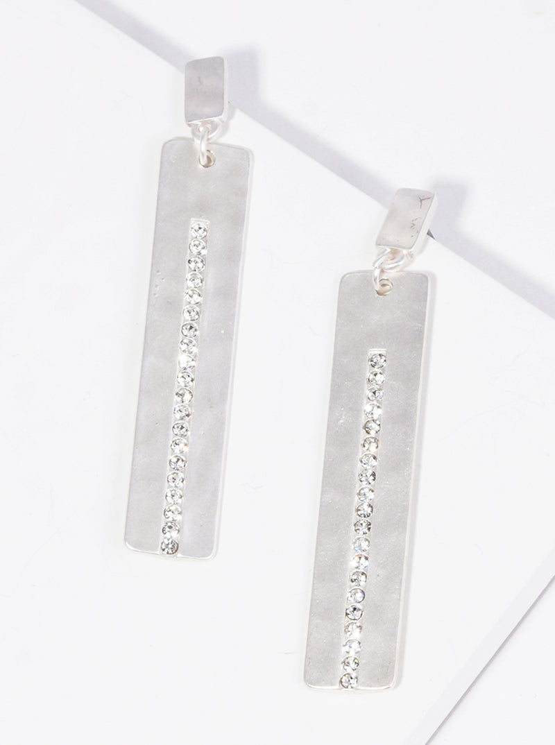 Crystal Pave Hammered Rectangle Bar Drop Dangle Earrings