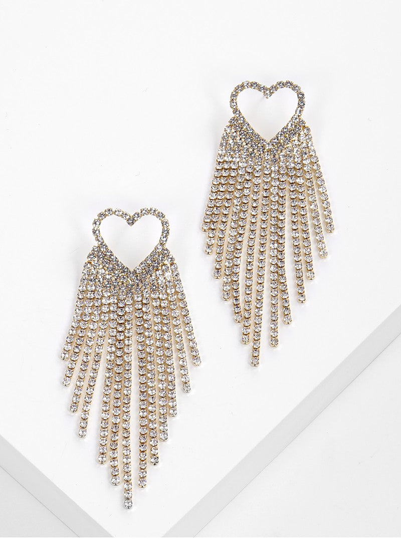 Crystal Pave Heart Chandelier Tassel Drop Earrings