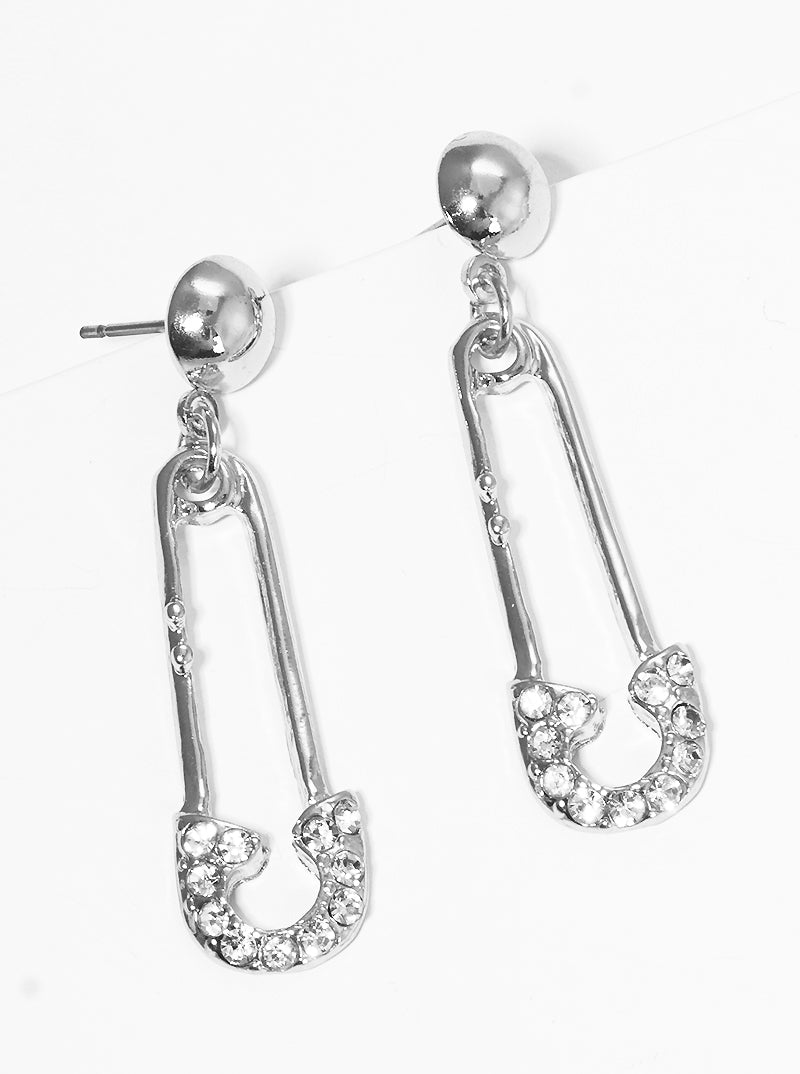 Crystal Pave Metal Safety Pin Post Drop Earrings