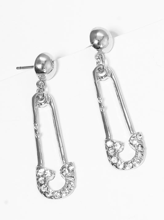 Crystal Pave Metal Safety Pin Post Drop Earrings