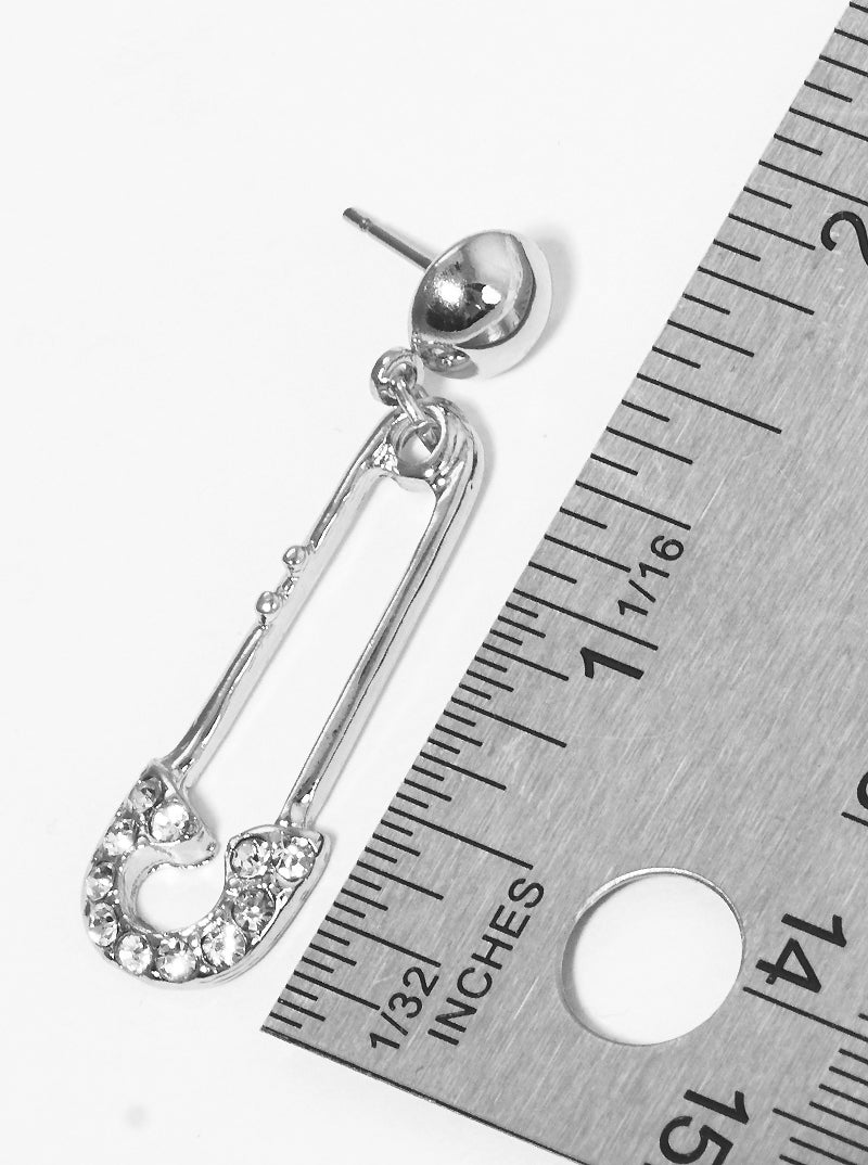 Crystal Pave Metal Safety Pin Post Drop Earrings