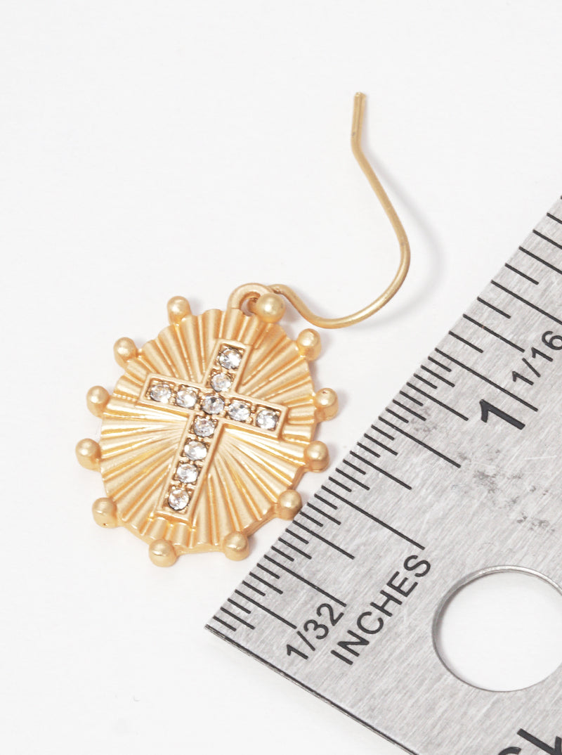 Crystal Pave Oval Cross Fish Hook Dangle Drop Earrings
