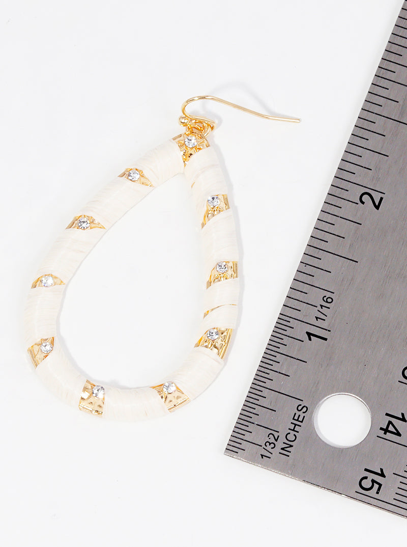 Crystal Pave Raffia Wrapped Teardrop Dangle Drop Earrings