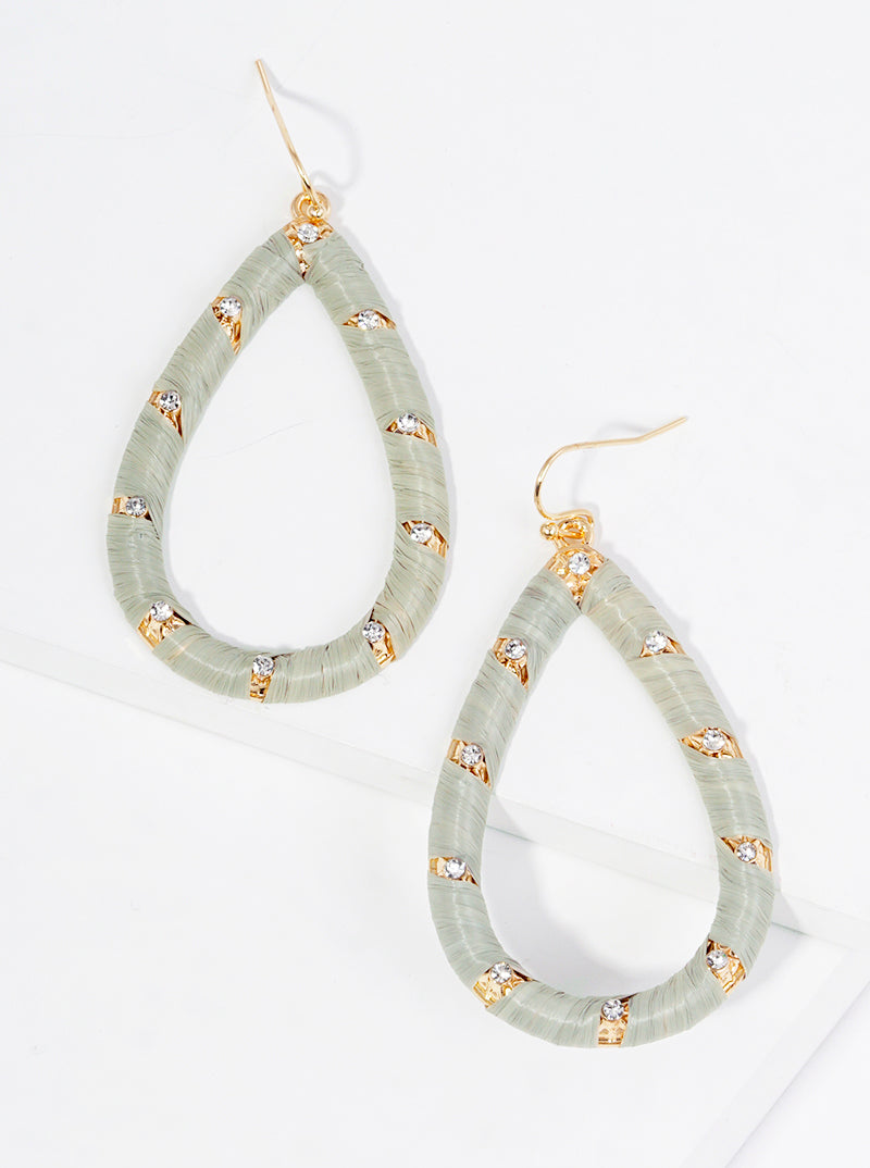 Crystal Pave Raffia Wrapped Teardrop Dangle Drop Earrings