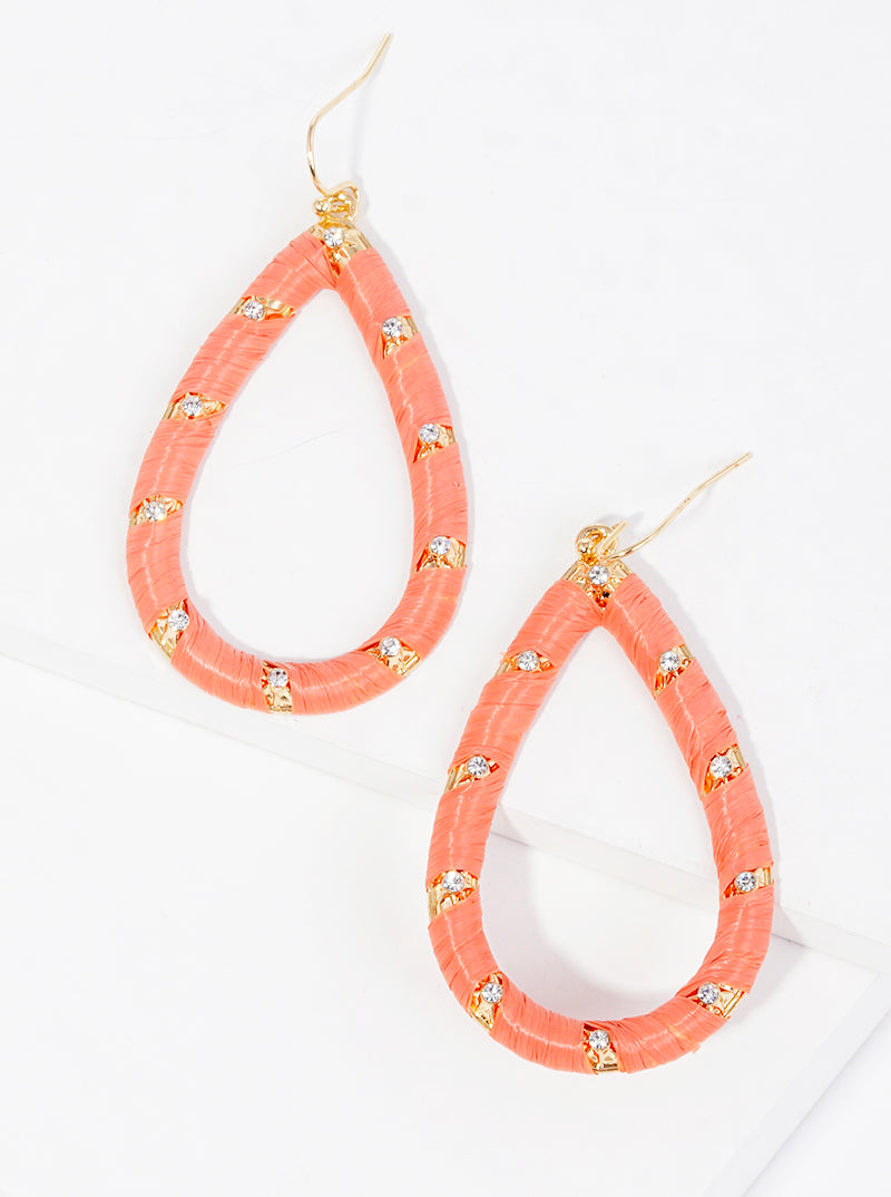 Crystal Pave Raffia Wrapped Teardrop Dangle Drop Earrings