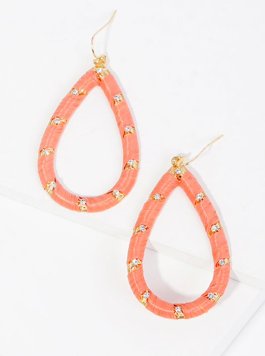 Crystal Pave Raffia Wrapped Teardrop Dangle Drop Earrings