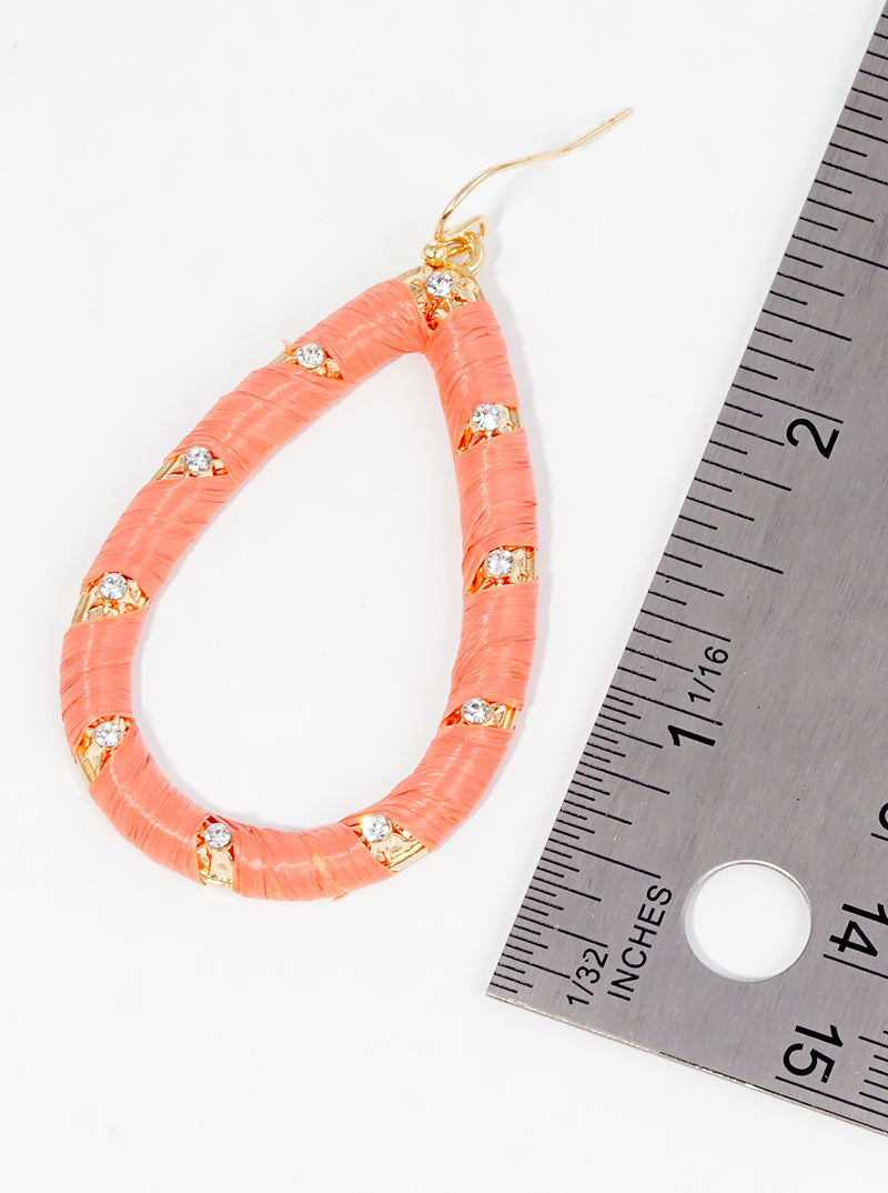 Crystal Pave Raffia Wrapped Teardrop Dangle Drop Earrings