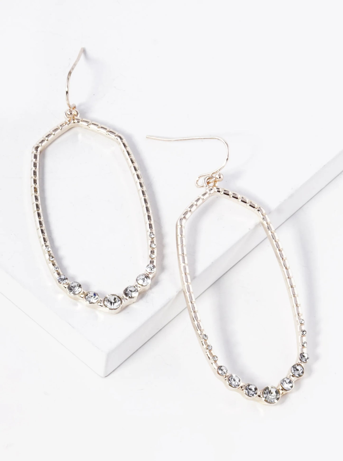 Crystal Pave Rounded Oblong Hexagon Shape Textured Metal Dangle Drop Earrings