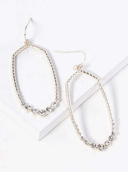 Crystal Pave Rounded Oblong Hexagon Shape Textured Metal Dangle Drop Earrings