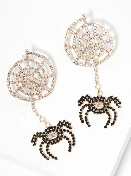 Crystal Pave Spider Web Halloween Themed Post Drop Earrings