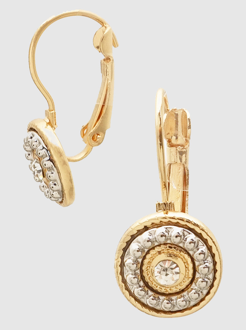 Crystal Pave Textured Metal Two Tone Round Leverback Clip Earrings
