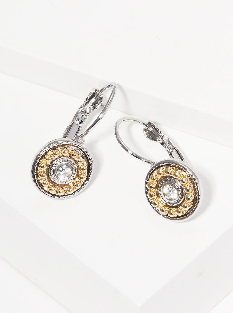 Crystal Pave Textured Metal Two Tone Round Leverback Clip Earrings